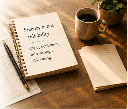 A desk scene with a notebook that reads: Fluency is not reliability — clear, confident, and wrong is still wrong.